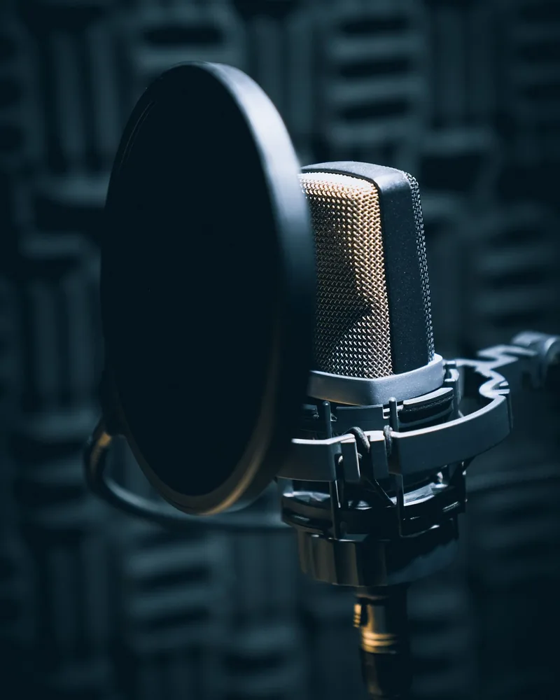 Primer plano de un micrófono de estudio con filtro antipop en una sala con tratamiento acústico